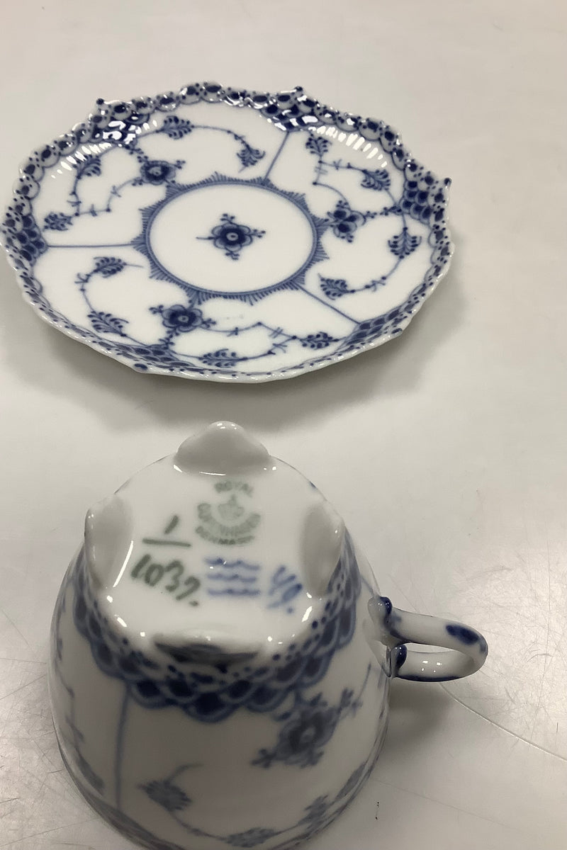 Royal Copenhagen Blue Fluted Full Lace Mocha cup on feet with saucer No. 1037