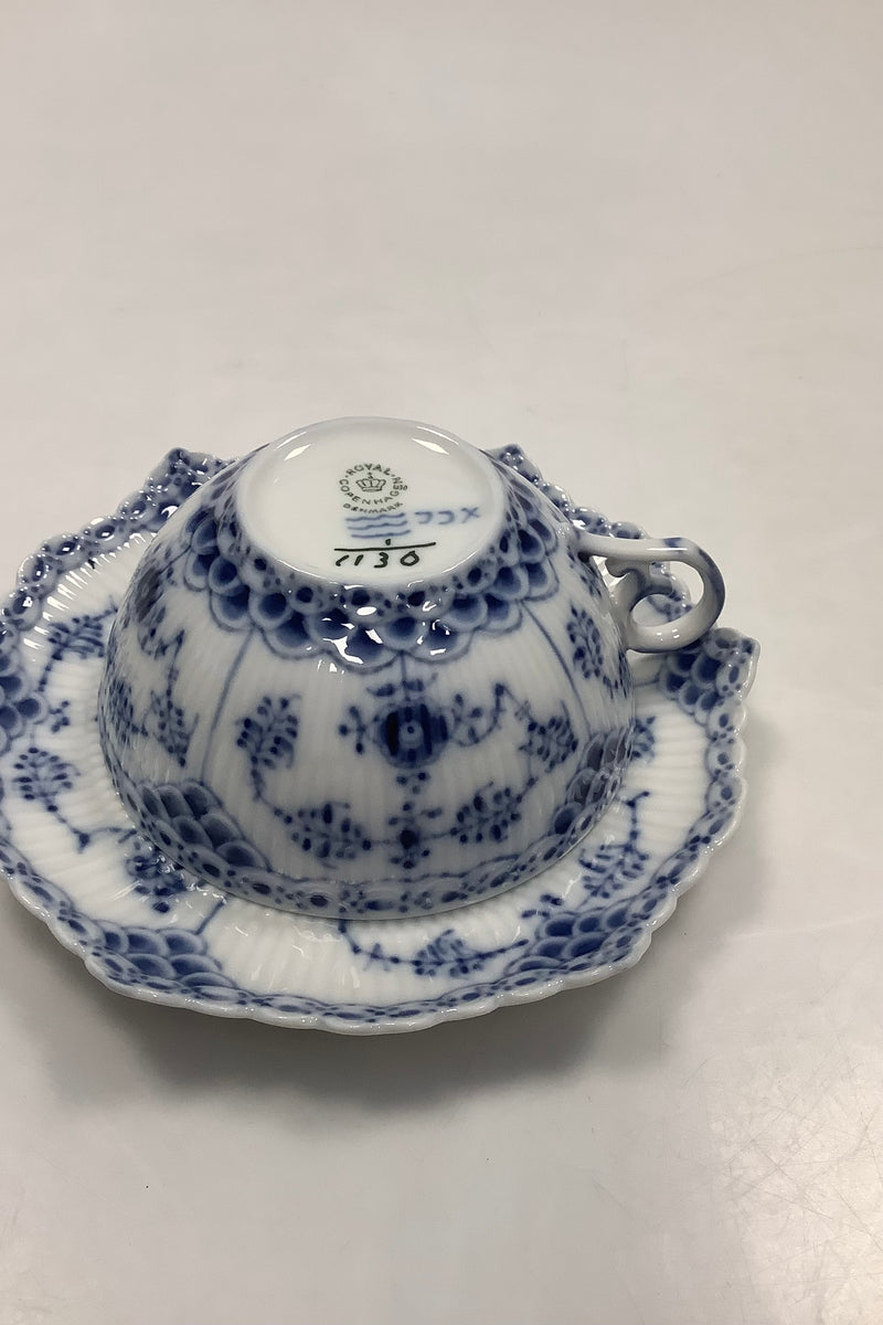 Royal Copenhagen Blue Fluted full lace teacup with saucer No 1130