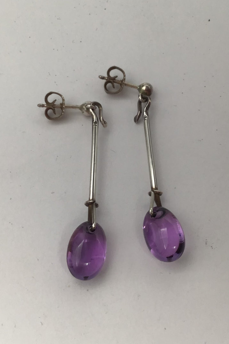 Georg Jensen Sterling Silver Stud Earrings Dew Drop Amethyst