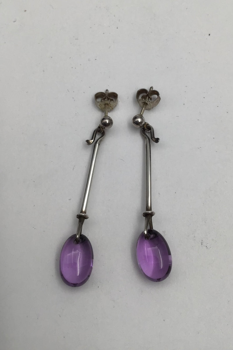 Georg Jensen Sterling Silver Stud Earrings Dew Drop Amethyst