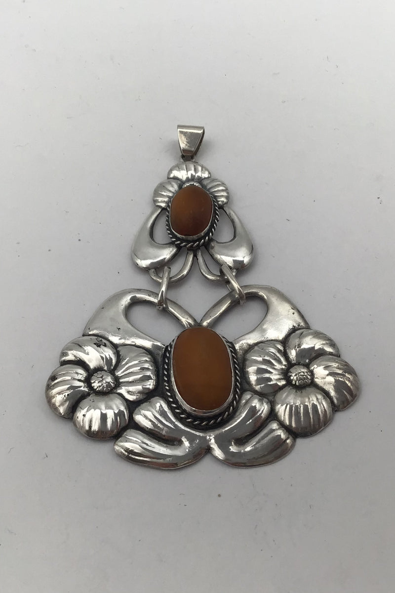 Danish Silver Fancy Art Nouveau Pendant with Amber