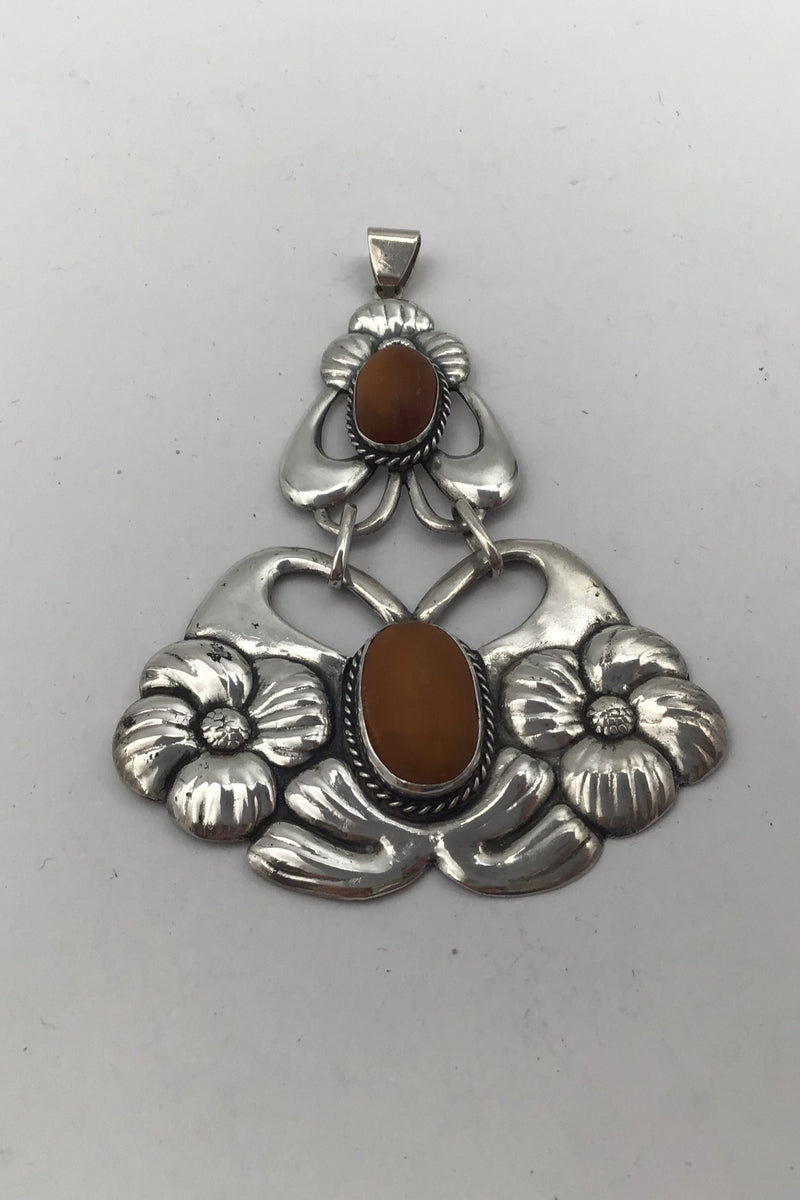 Danish Silver Fancy Art Nouveau Pendant with Amber