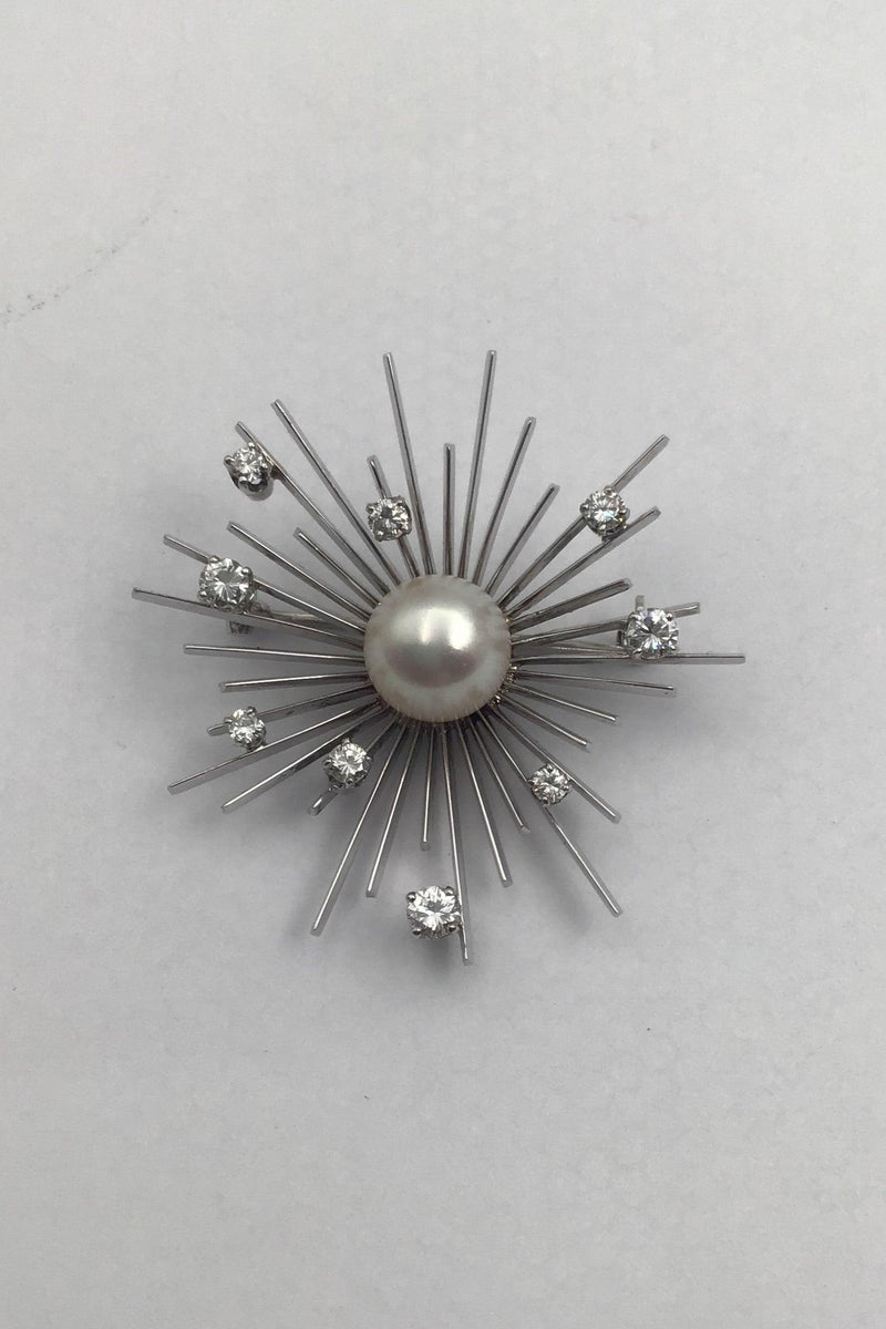 Georg Jensen & Wendel 18 K Hvidguld Broche med Perle og Brillanter - Danam Antik