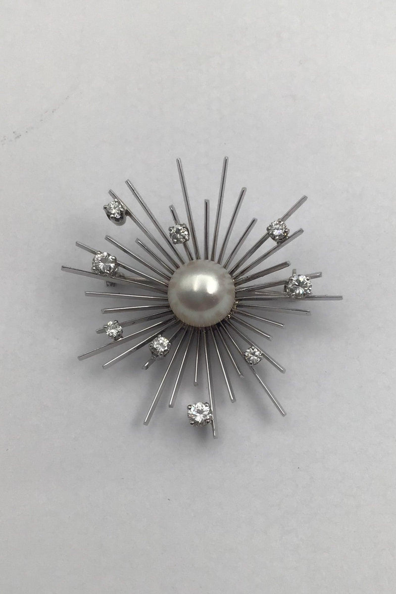 Georg Jensen & Wendel 18 K Hvidguld Broche med Perle og Brillanter - Danam Antik