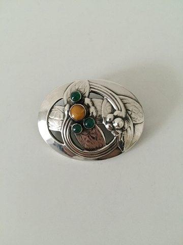 Georg Jensen Sølv Broche med rav og grønne sten No 13 fra 1904-1914 - Danam Antik