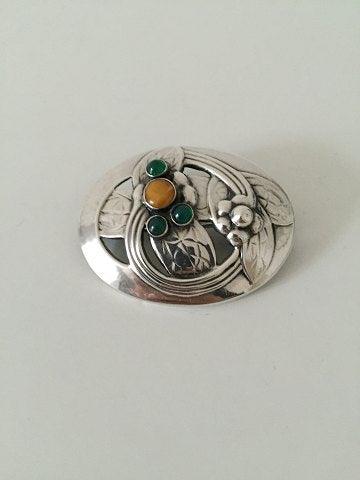 Georg Jensen Sølv Broche med rav og grønne sten No 13 fra 1904-1914 - Danam Antik