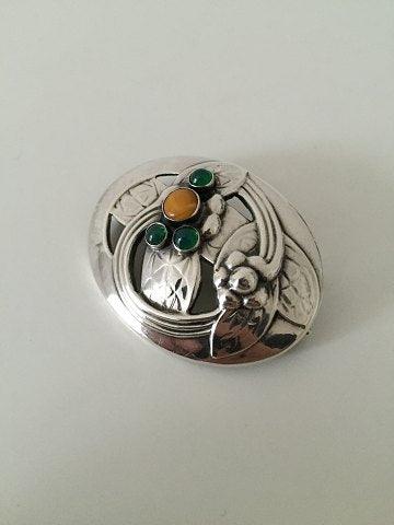 Georg Jensen Sølv Broche med rav og grønne sten No 13 fra 1904-1914 - Danam Antik