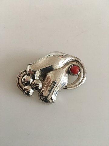 Georg Jensen Sterling Sølv Tulipan Broche No 100B med Koral - Danam Antik