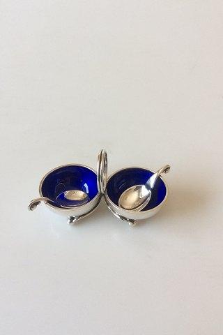 Georg Jensen Sterling Sølv/Blå Emalje Dobbelt Saltkar No 862 med to skeer No 110 - Danam Antik