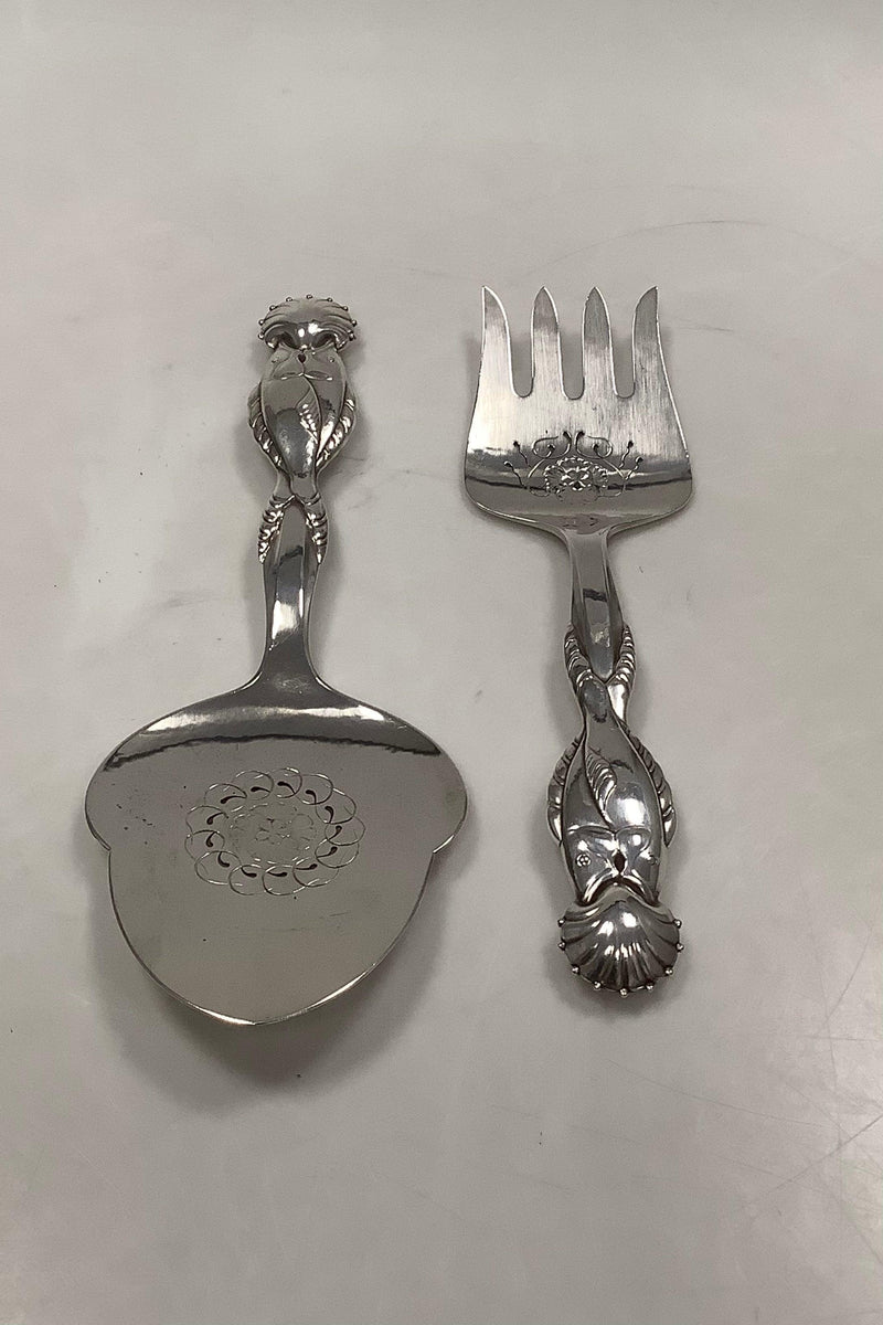 Georg Jensen Sterling Sølv Ornamental Fiske Serveringsgaffel og spade No 55 - Danam Antik